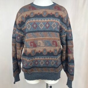 VTG 90s Mens (XL) ROBERT BANKS Merino Wool Knit Sweater Ski Grandpa‎ Aztec Brown